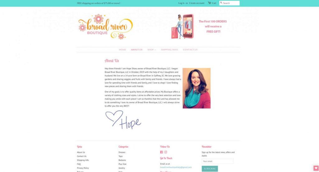 Broad River Boutique About Us Page Example